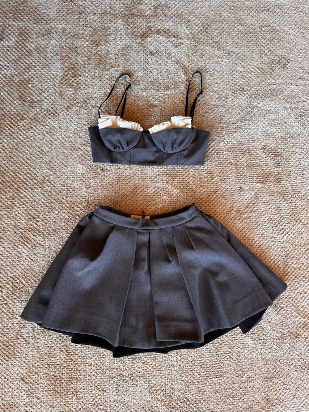 Shushu/Tong Grey Irregular Pleated Skirt & Spaghetti Strap Bralette Top - Picture 5 of 16